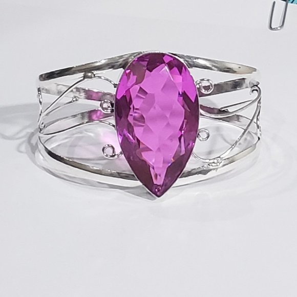 Pink Rubellite bracelet, 925 silver large pink rubellite adjustable cuff bangle - Picture 1 of 13